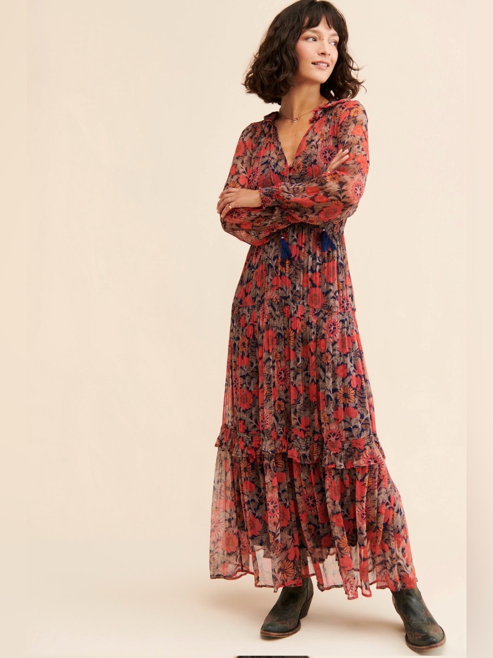 By Anthropologie The Marais Printed Chiffon Maxi Dress - Red Motif - size XS - Picture 6 of 9